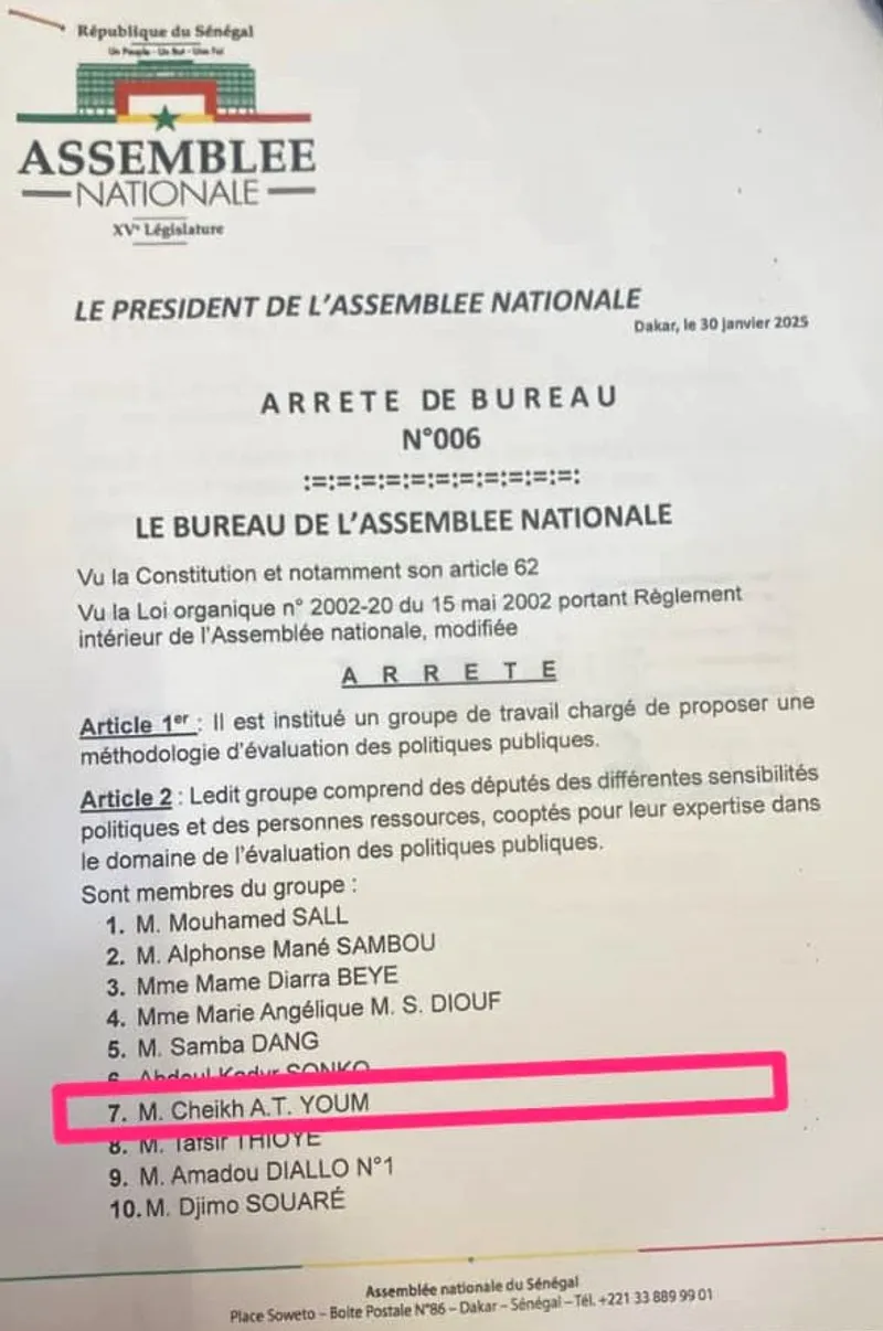 Arr&eacute;t&eacute; bureau assembl&eacute;e nationale s&eacute;n&eacute;gal