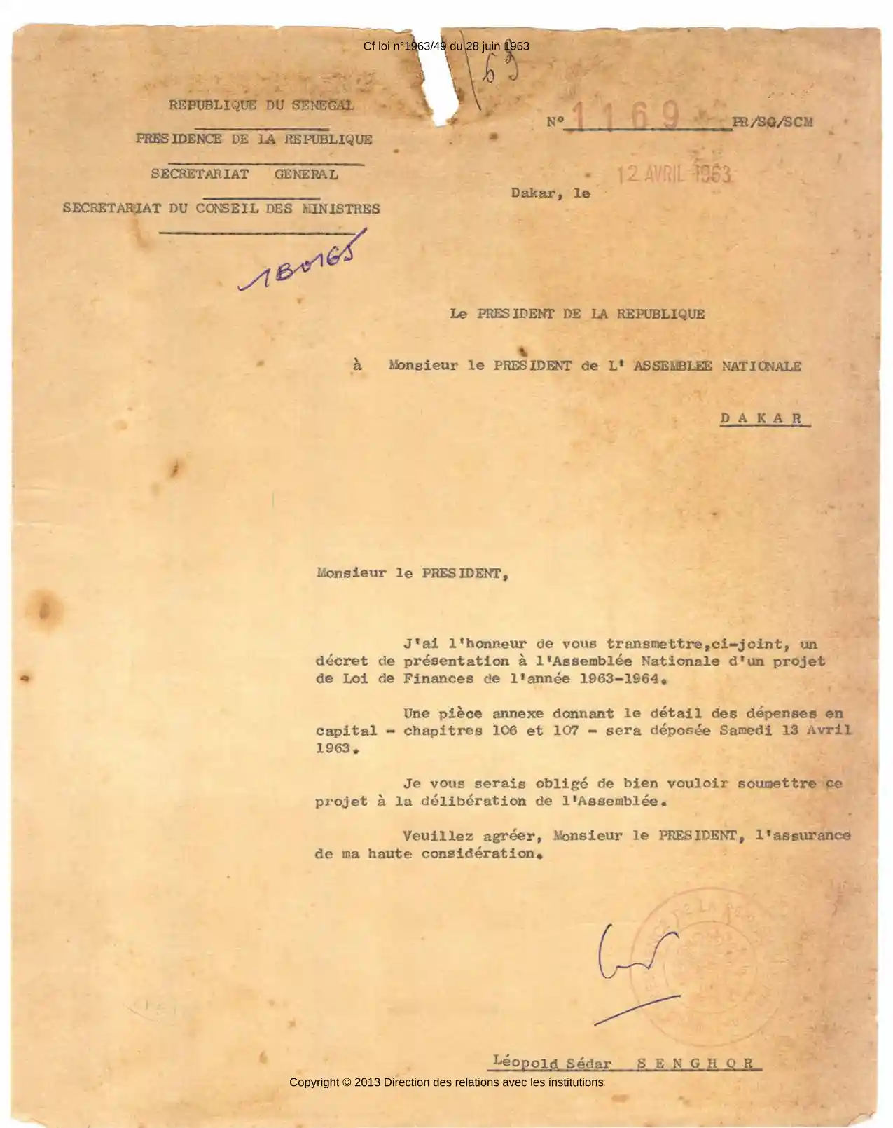 Projet de Loi de Finances 1963-1964 et Discours du Président de la République sur la discussion budg