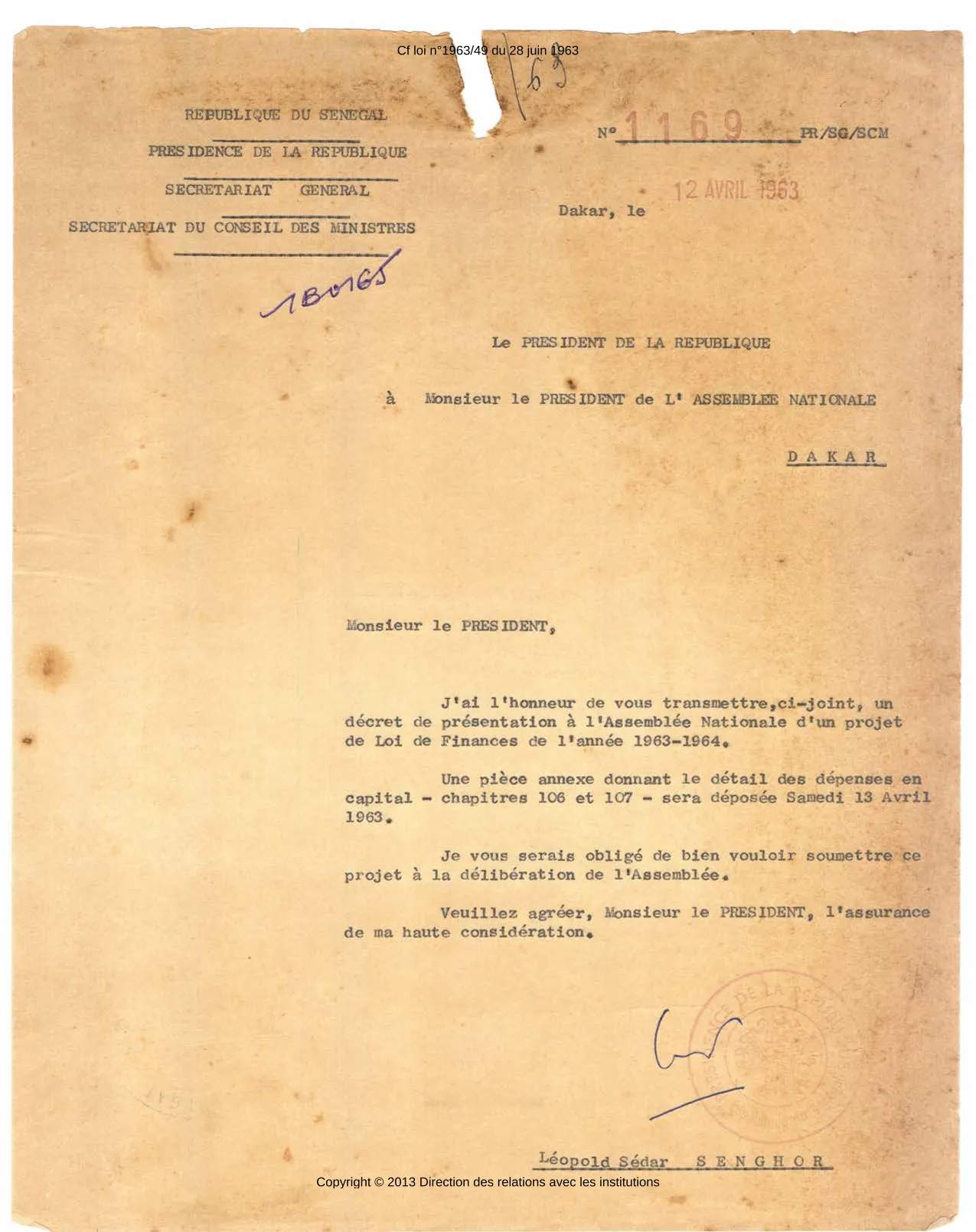 Projet de Loi de Finances 1963-1964 et Discours du Président de la République sur la discussion budg