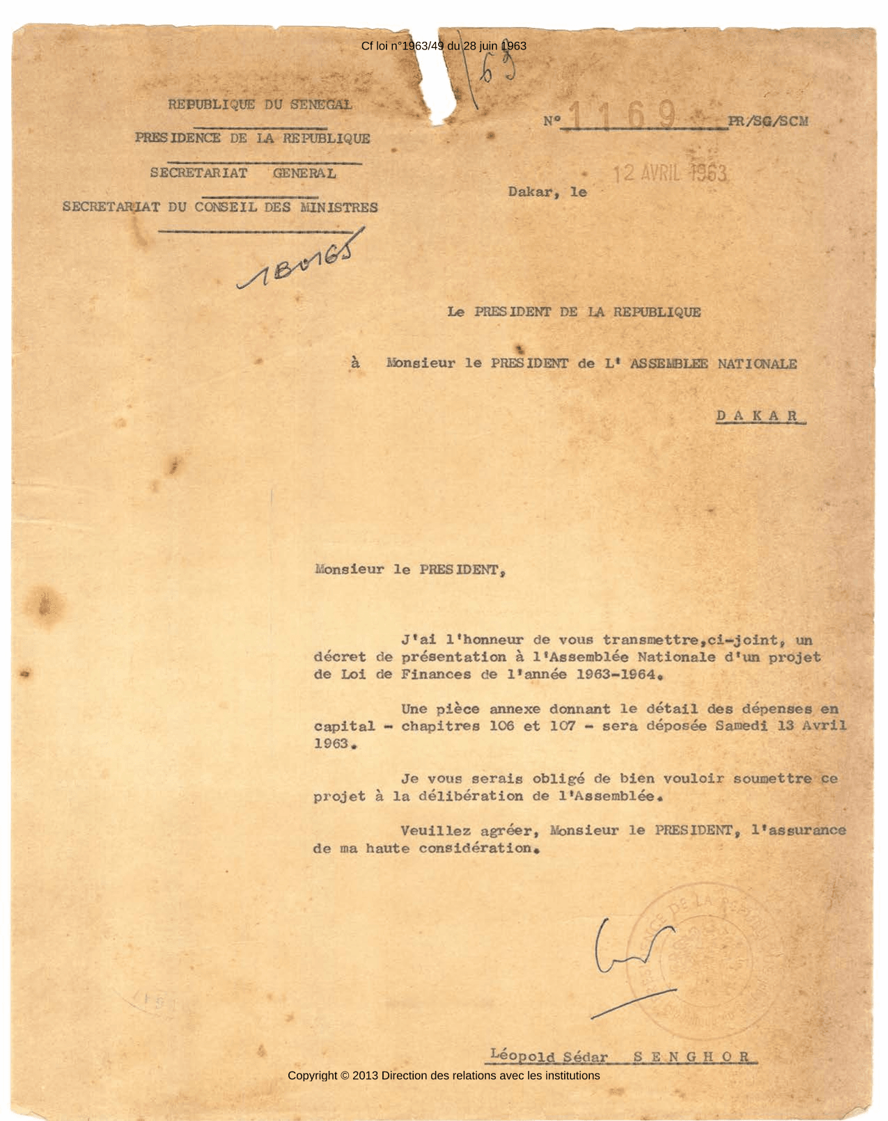 Projet de Loi de Finances 1963-1964 et Discours du Président de la République sur la discussion budg