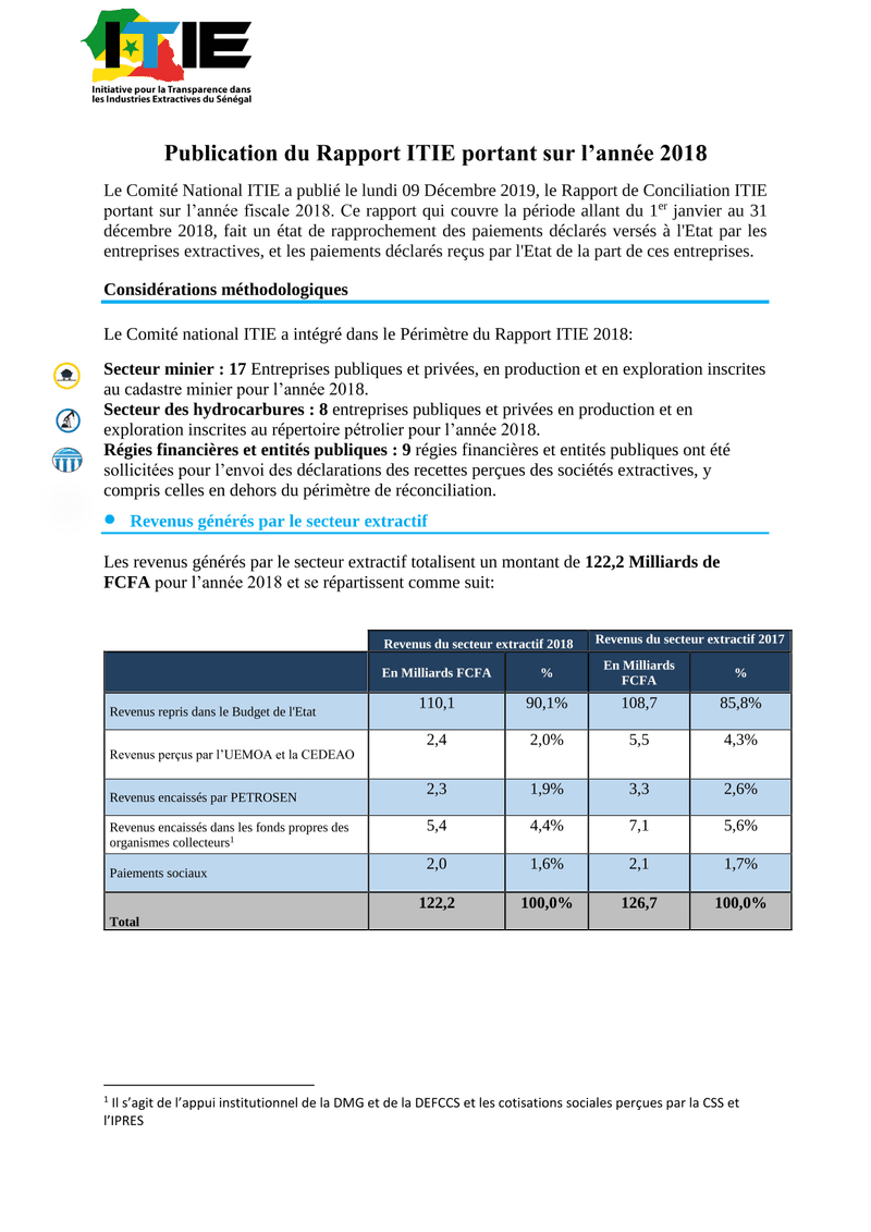 Données régionales de Thiès issues du Rapport ITIE 2018 sur les industries extractives – Initiative pour la transparence dans les industries extractives (ITIE) Sénégal