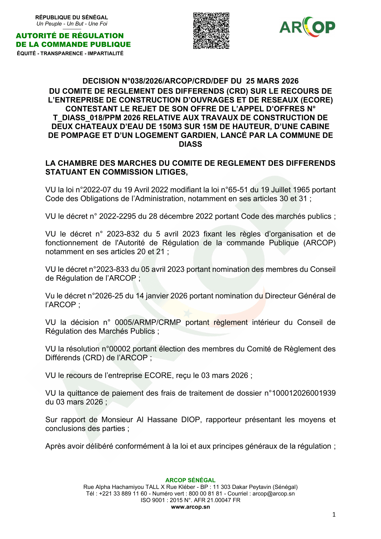 Décision n°038/2026/ARCOP/CRD/DEF du 25 mars 2026 sur le recours d’ECORE contre le rejet de son offre pour la construction de deux châteaux d’eau à Diass – ARCOP