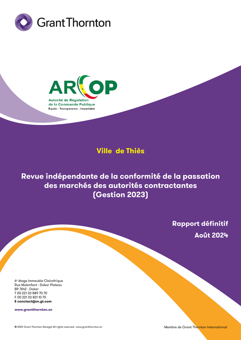 Rapport d’audit de conformité de la passation des marchés publics de la Ville de Thiès pour la gestion 2023 – ARCOP