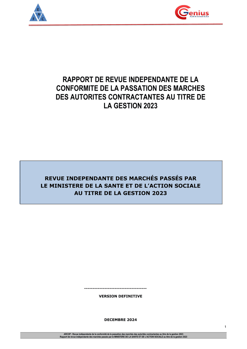 Rapport d’audit de conformité des marchés publics 2023 du Ministère de la Santé et de l’Action sociale (Sénégal) – ARCOP