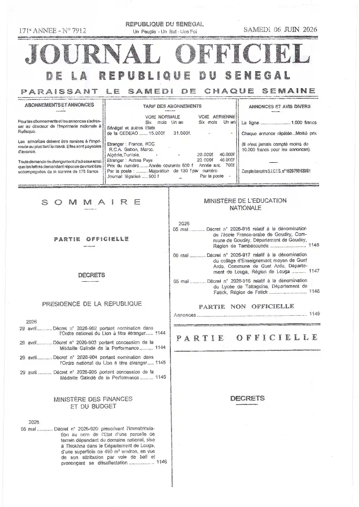 Journal Officiel N° 7912 du 06 juin 2026 - République du Sénégal