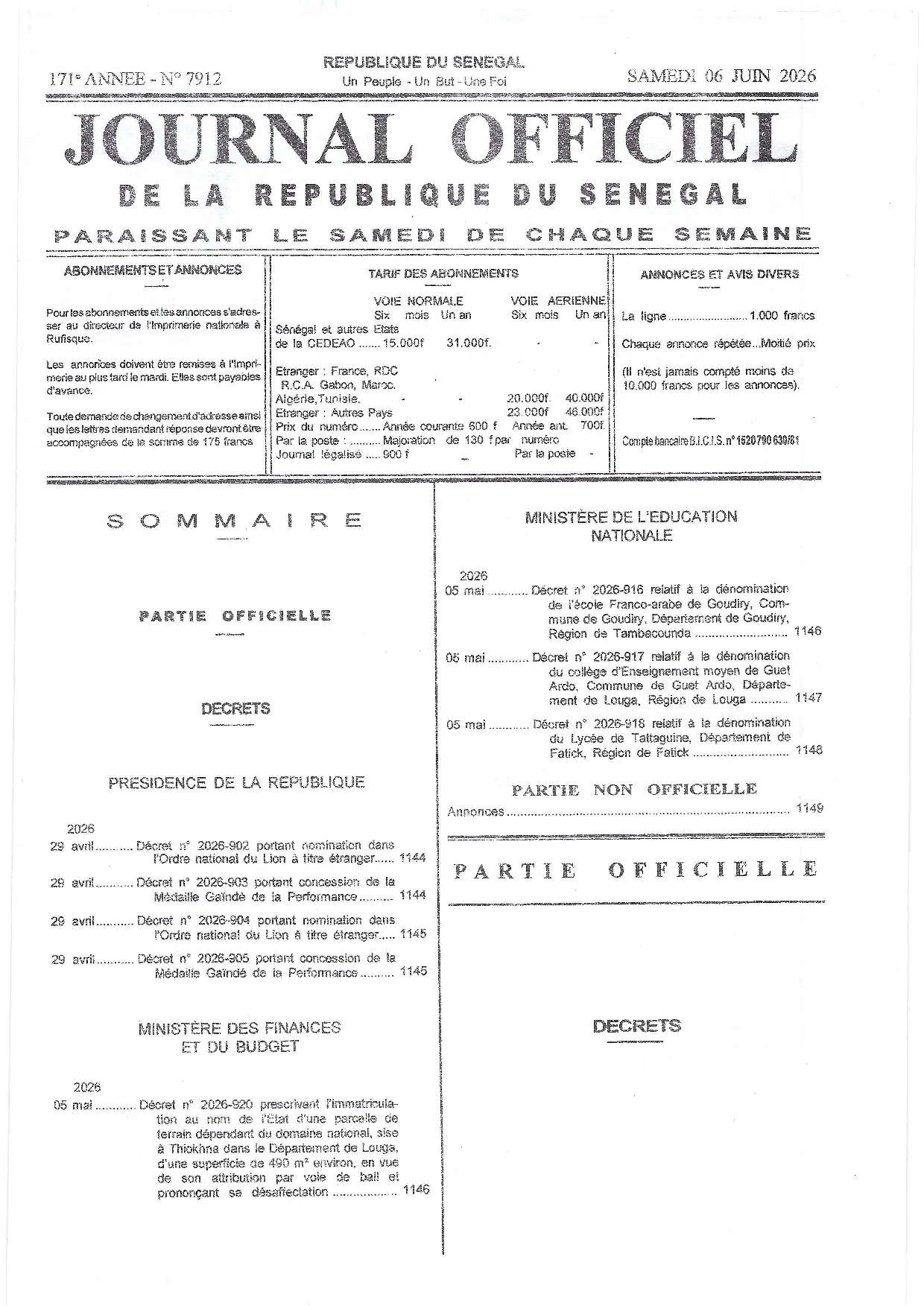 Journal Officiel N° 7912 du 06 juin 2026 - République du Sénégal 
