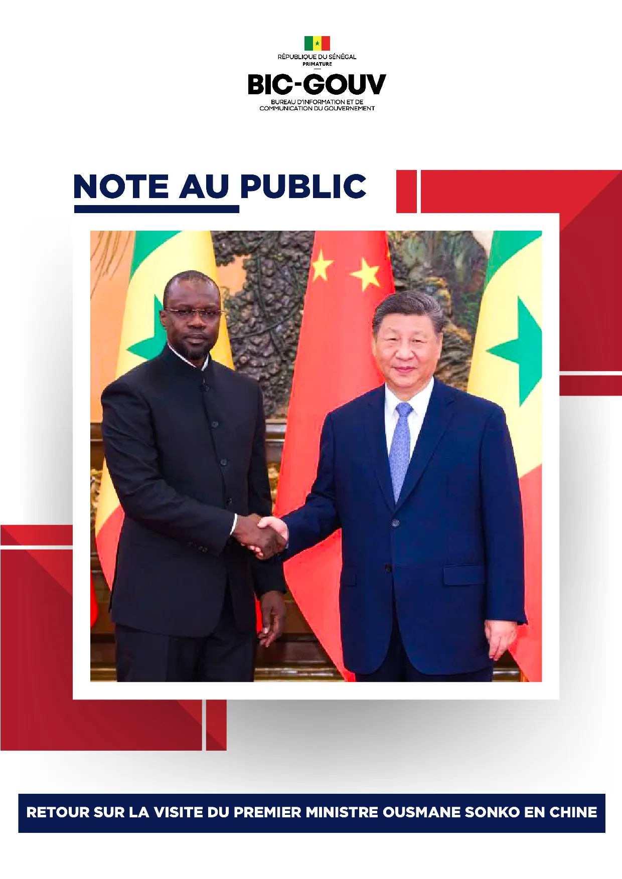 Note au public - Visite du premier ministre Ousmane Sonko en chine