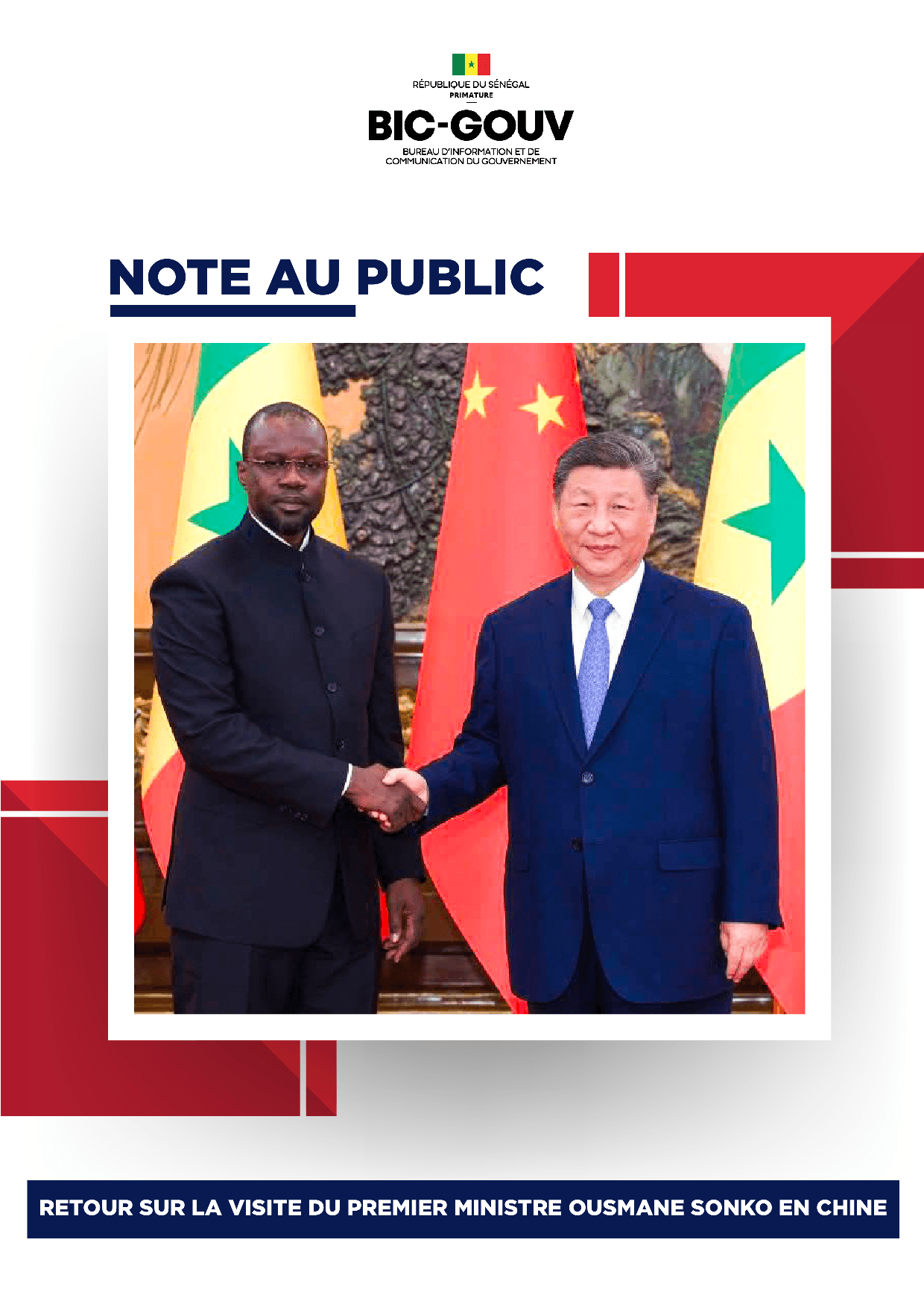Note au public - Visite du premier ministre Ousmane Sonko en chine