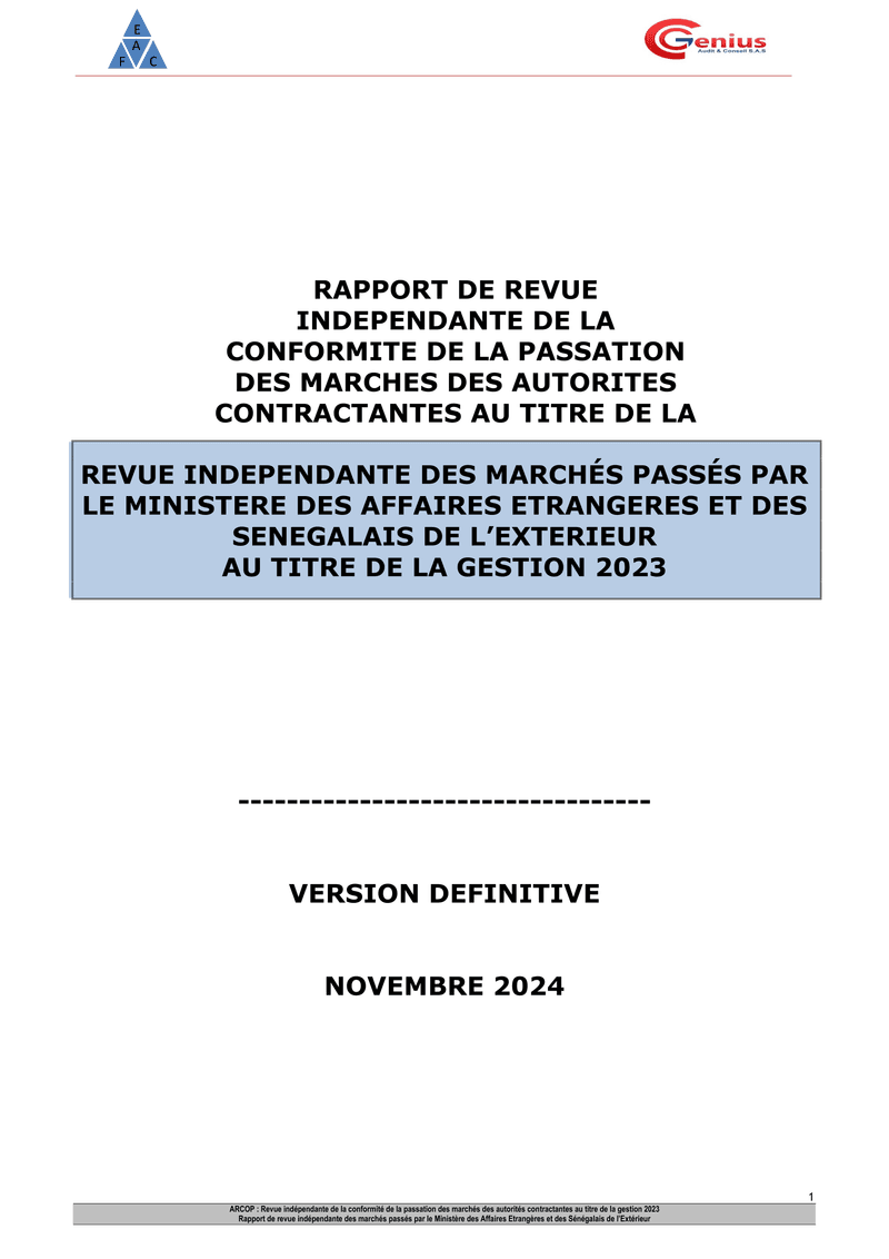 Rapport d’audit de conformité des marchés publics 2023 du Ministère des Affaires étrangères et des Sénégalais de l’Extérieur – ARCOP