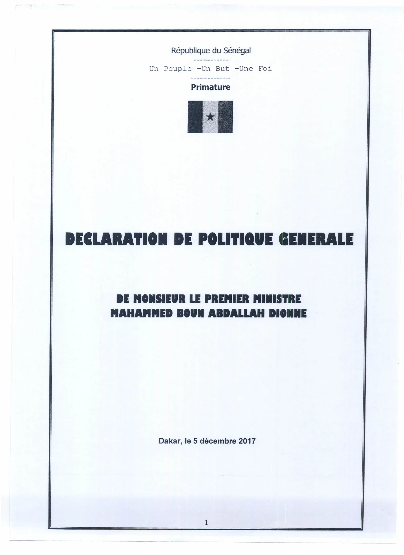 Déclaration de Politique Générale de Monsieur le Premier Ministre Mahammed Boun Abdallah Dionne