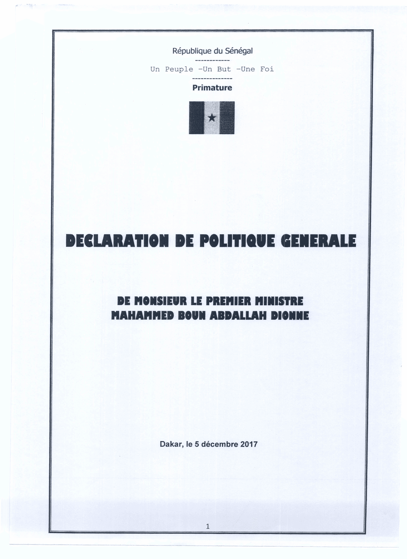 Déclaration de Politique Générale de Monsieur le Premier Ministre Mahammed Boun Abdallah Dionne