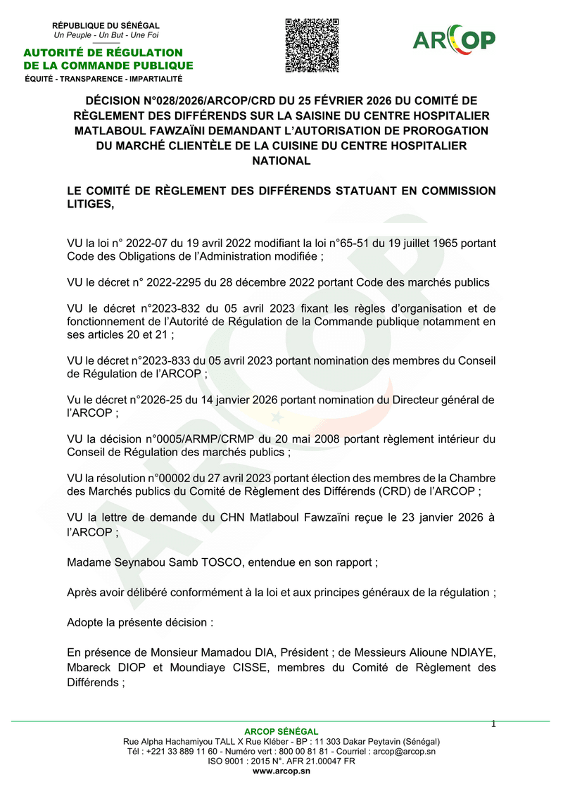 Décision n°028/2026/ARCOP/CRD sur la cuisine du Centre Hospitalier Matlaboul Fawzaïni de Touba – ARC