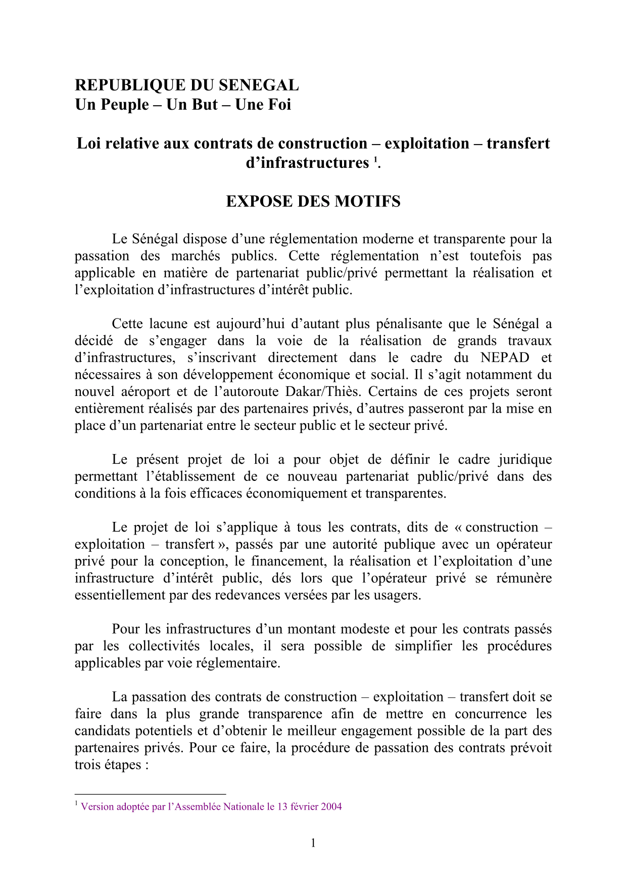 Projet de loi du 13 février 2004 relatif aux contrats de construction-exploitation-transfert d’infrastructures au Sénégal – Assemblée nationale du Sénégal