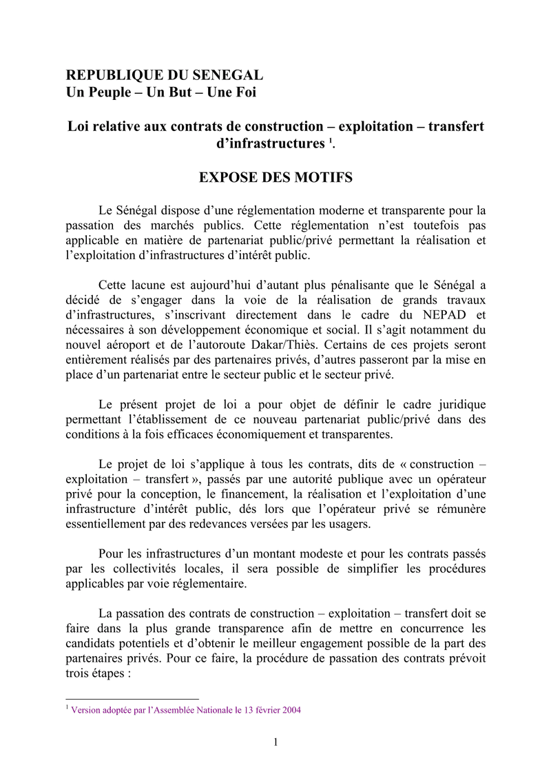 Projet de loi du 13 février 2004 relatif aux contrats de construction-exploitation-transfert d’infrastructures au Sénégal – Assemblée nationale du Sénégal