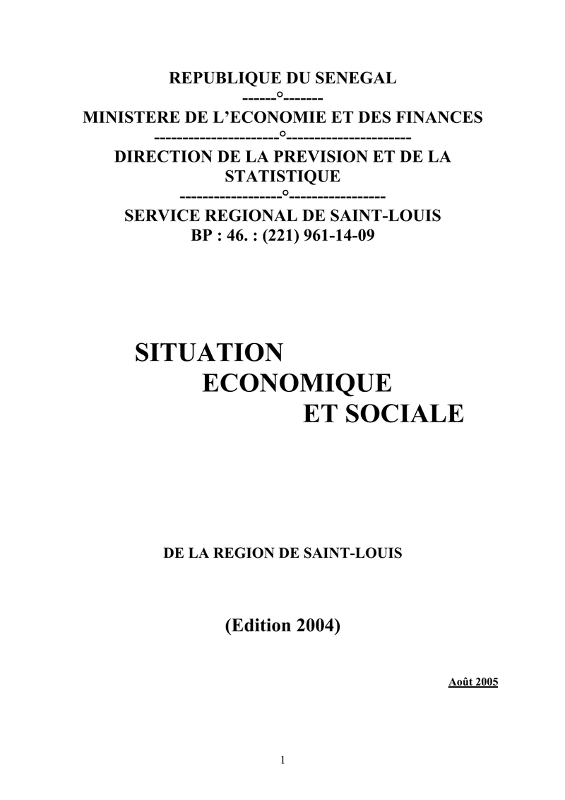 Situation économique et sociale (SES) de la région de Saint-Louis 2004 – Direction de la Prévision et de la Statistique (DPS)