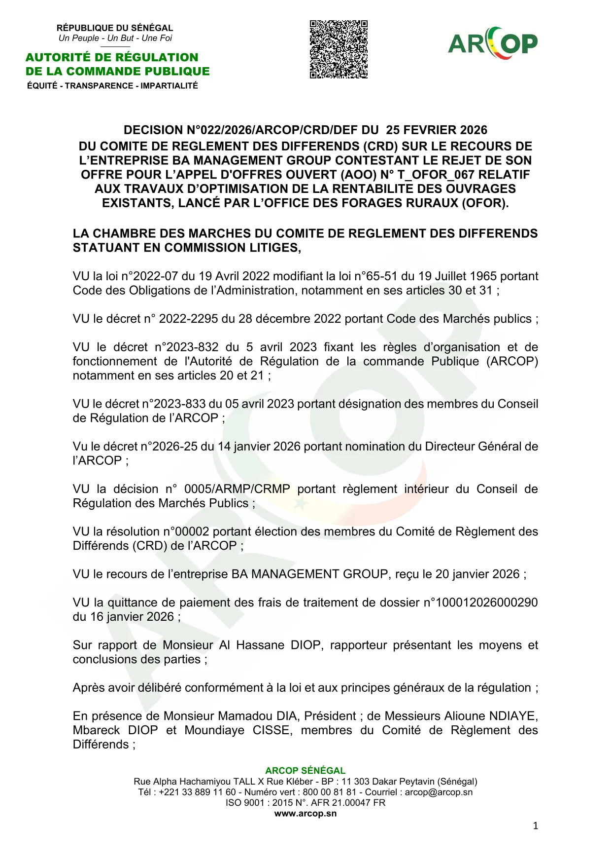 Décision n°022/2026/ARCOP/CRD/DEF sur le recours de BA Management Group contre le rejet de son offre
