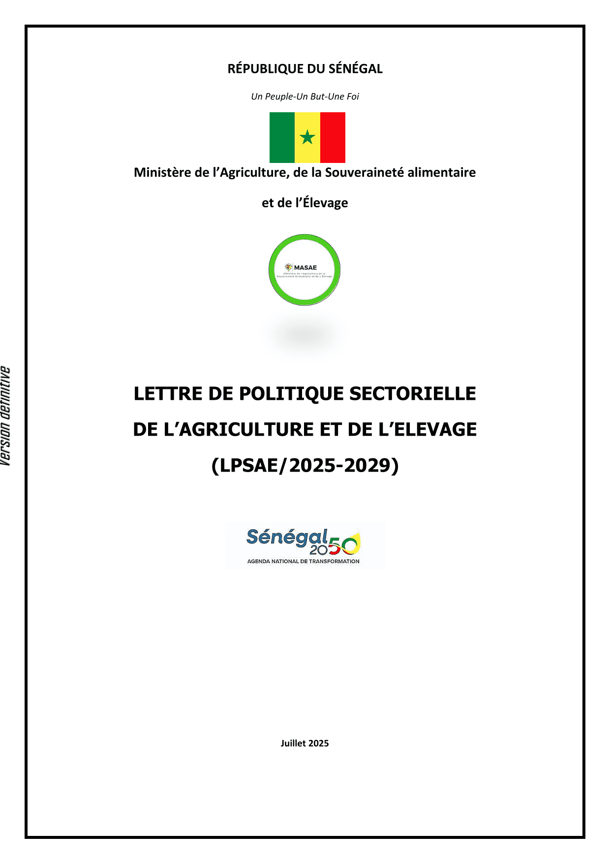 Lettre de Politique Sectorielle de l'Agriculture et de l'Élevage (LPSAE/2025-2029)