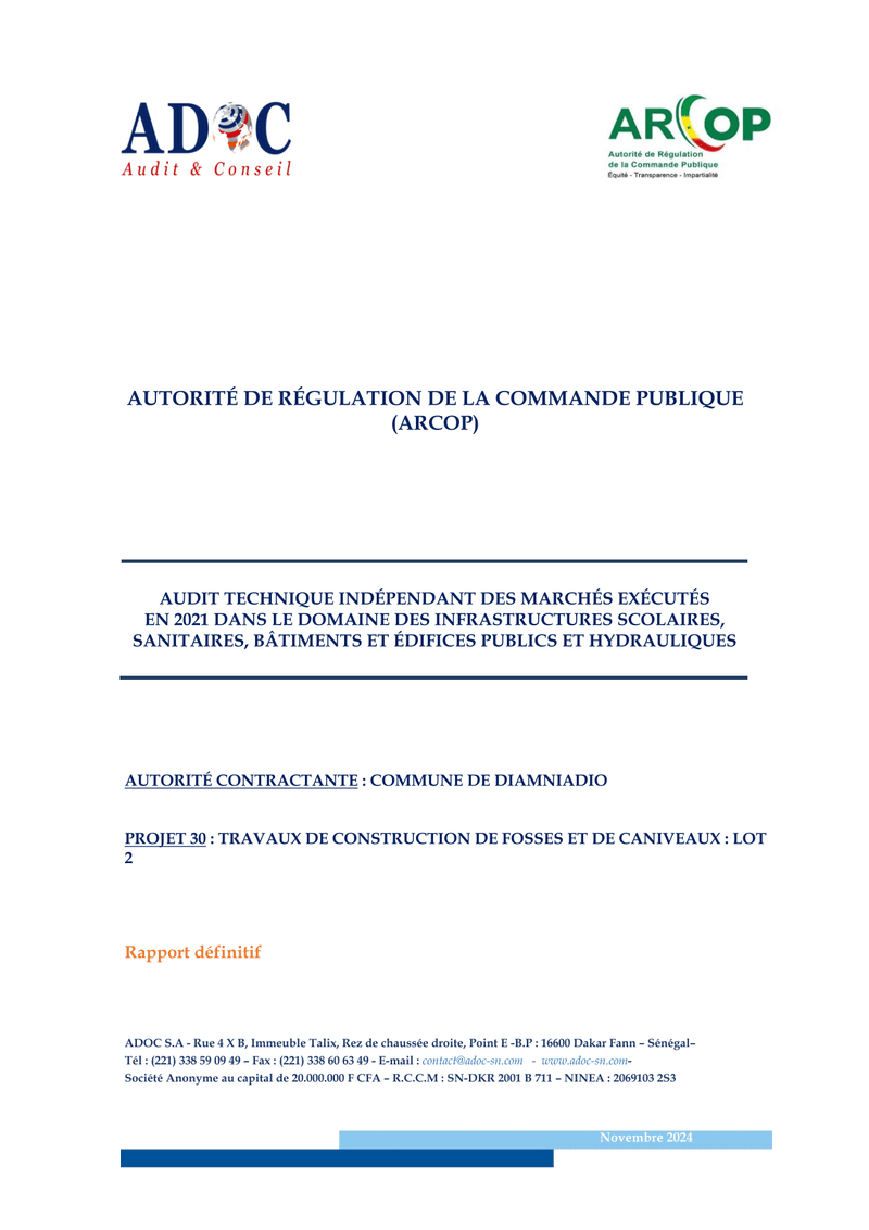 Audit technique du projet de construction de fosses et caniveaux Lot 2 à Diamniadio – ARCOP