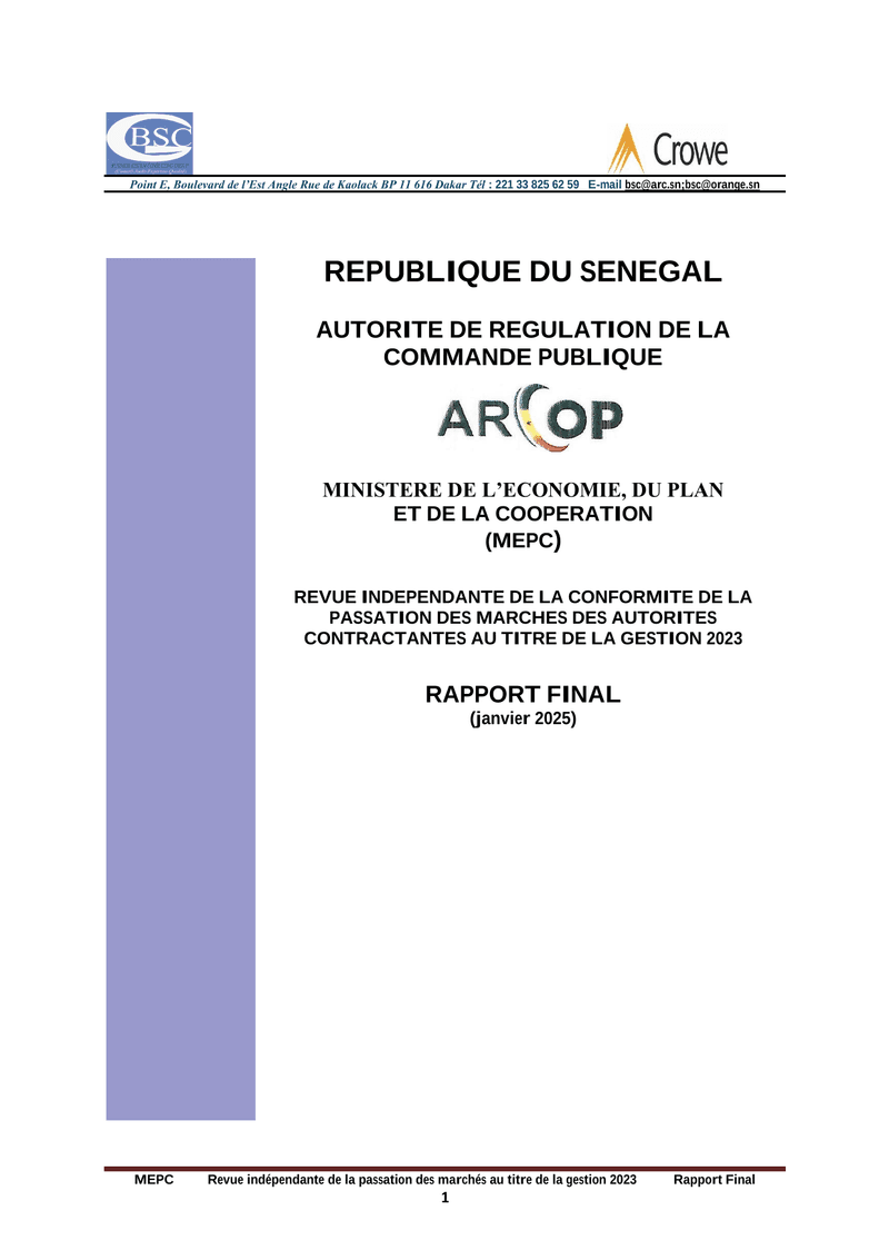 Revue indépendante de la passation des marchés du MEPC au titre de la gestion 2023 – ARCOP