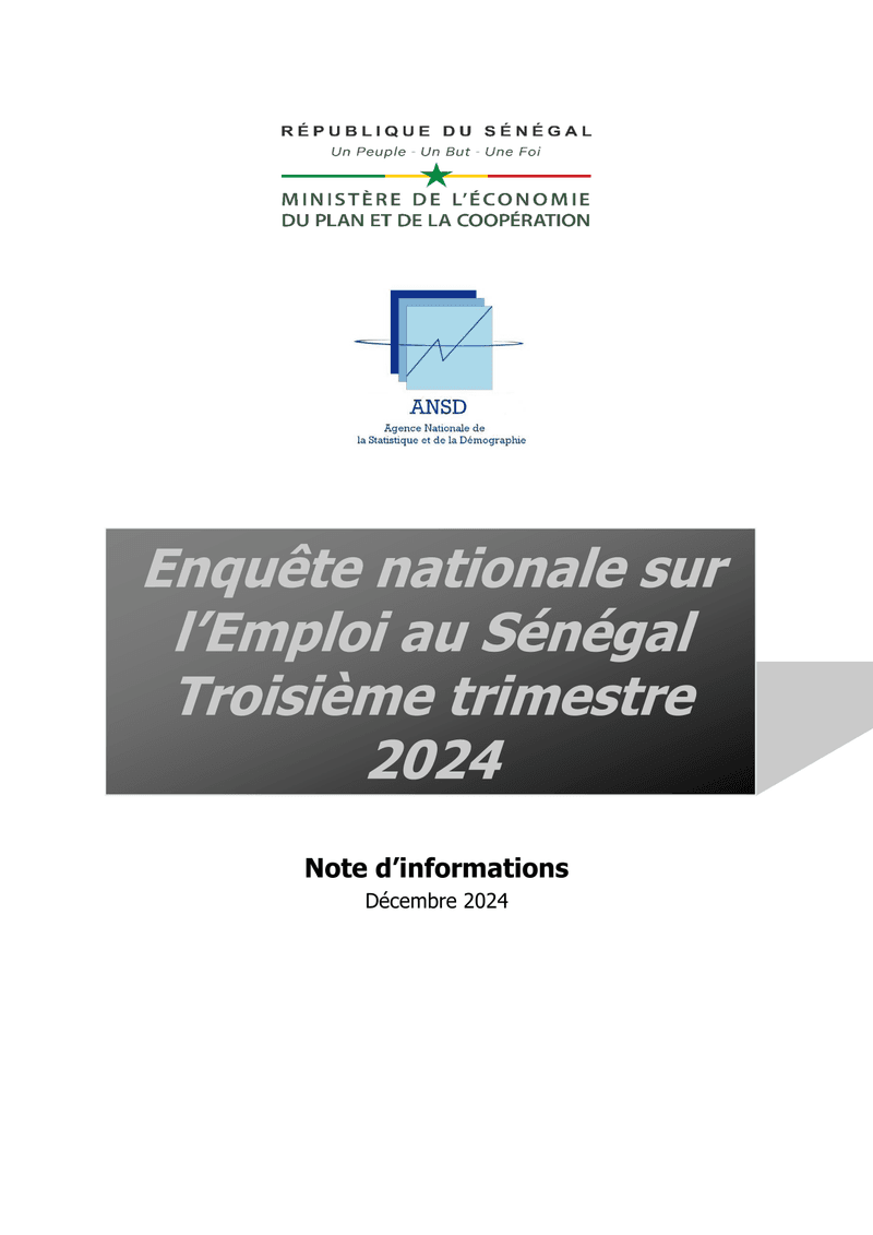 Enquête nationale sur l'emploi au Sénégal (ENES), troisième trimestre 2024 – ANSD