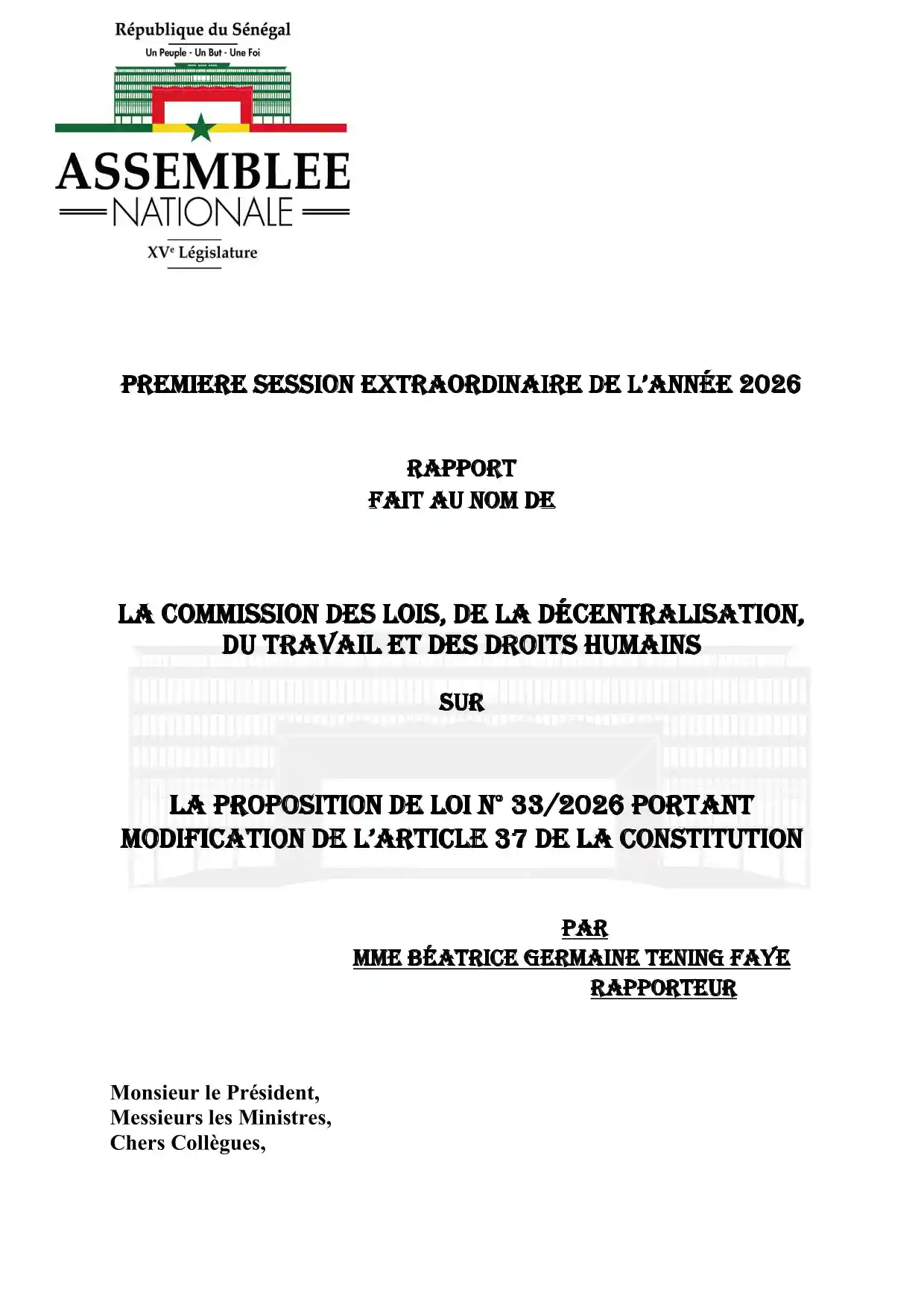 Rapport commission - proposition de loi n°33/2026 – Modification de l’article 37 de la Constitution (Déclaration de patrimoine du Président de la République) – Assemblée nationale du Sénégal