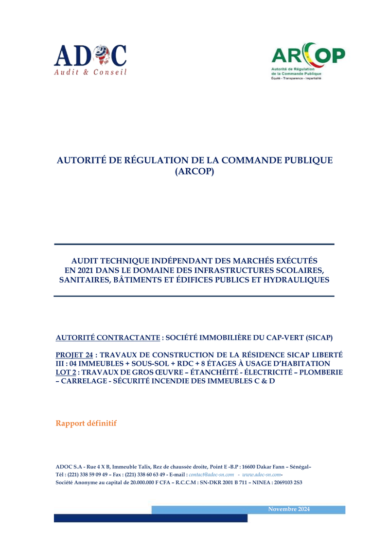 Audit technique du projet Résidence SICAP Liberté III Lot 2 à Dakar – ARCOP