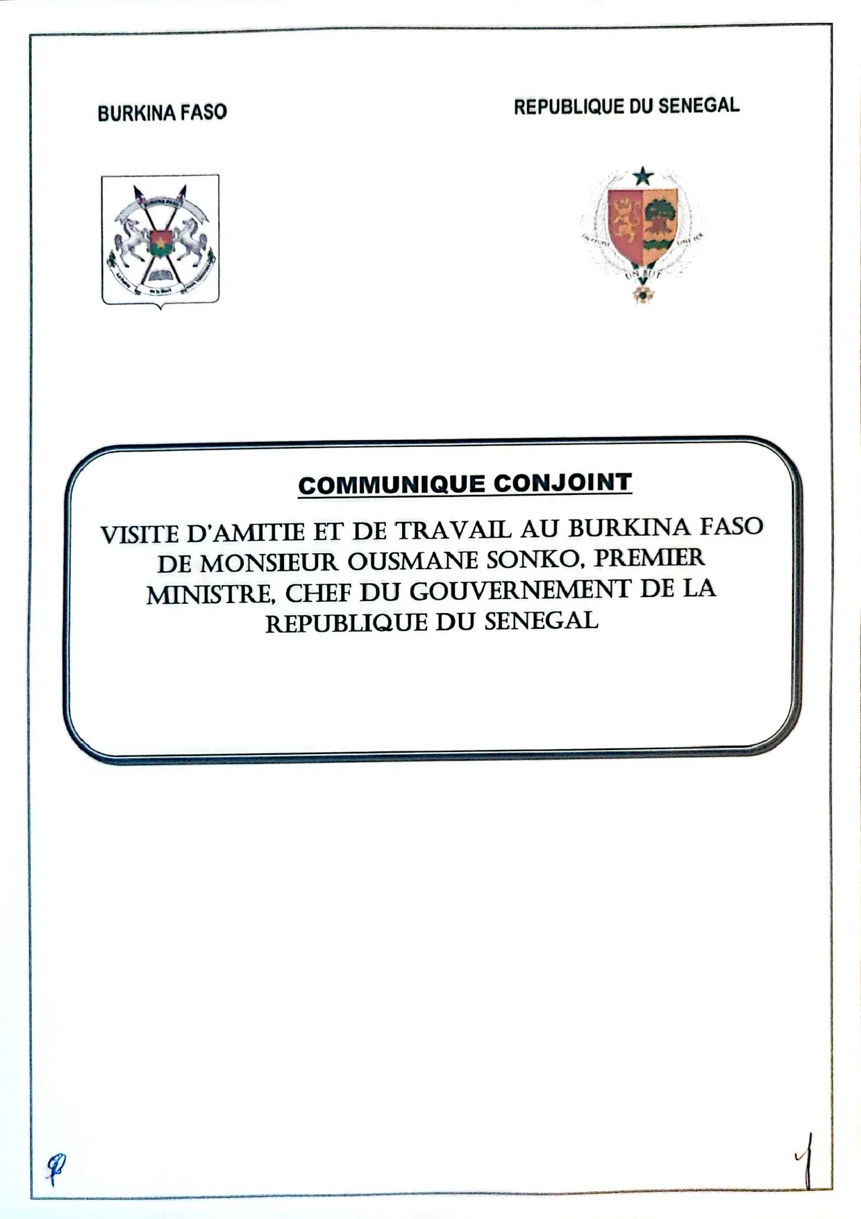 Visite du premier ministre Ousmane Sonko au Burkina Faso 