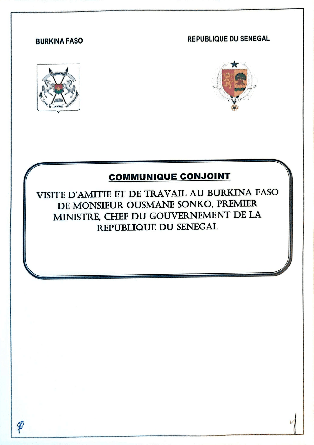 Visite du premier ministre Ousmane Sonko au Burkina Faso 