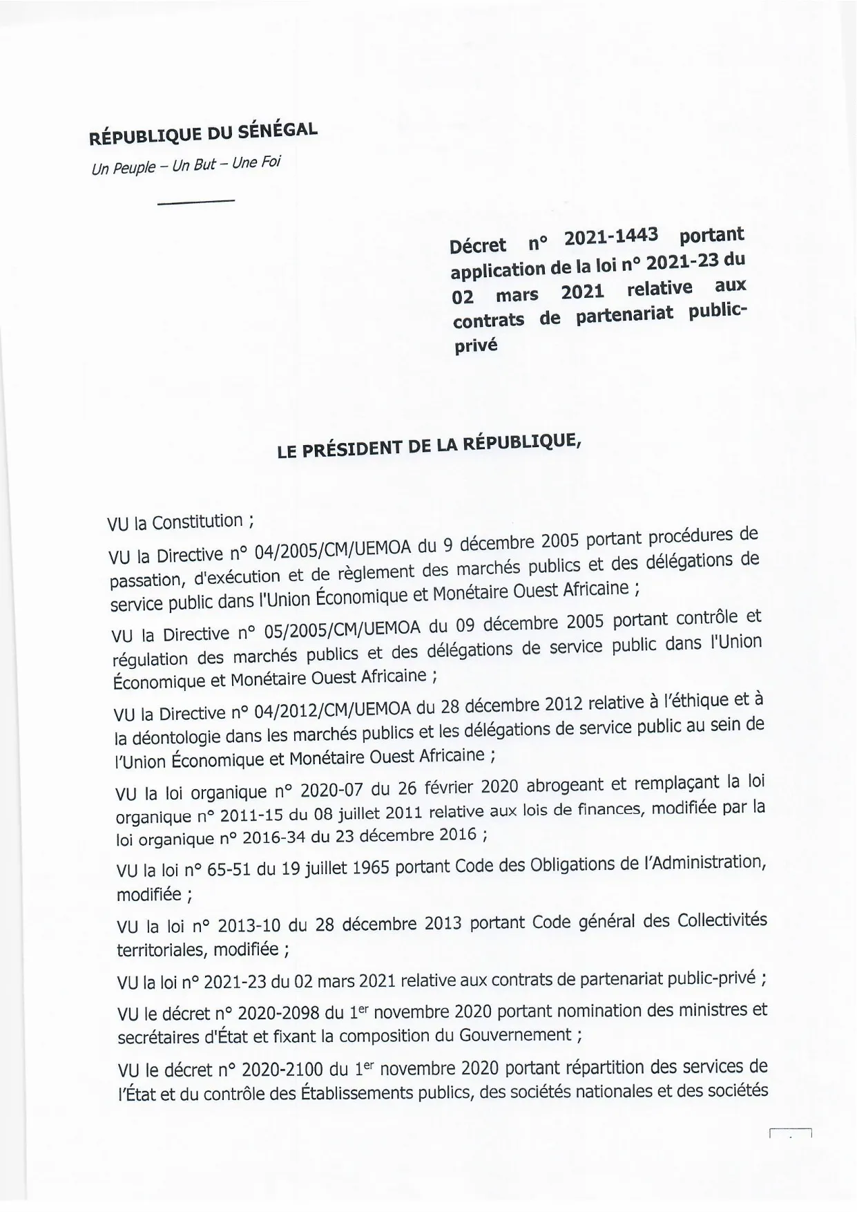 Décret n° 2021-1443 portant application de la loi n° 2021-23 relative aux contrats de partenariat public-privé au Sénégal – Présidence de la République