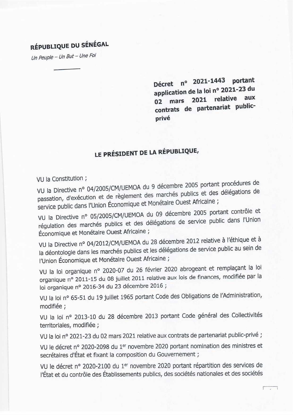 Décret n° 2021-1443 portant application de la loi n° 2021-23 relative aux contrats de partenariat public-privé au Sénégal – Présidence de la République