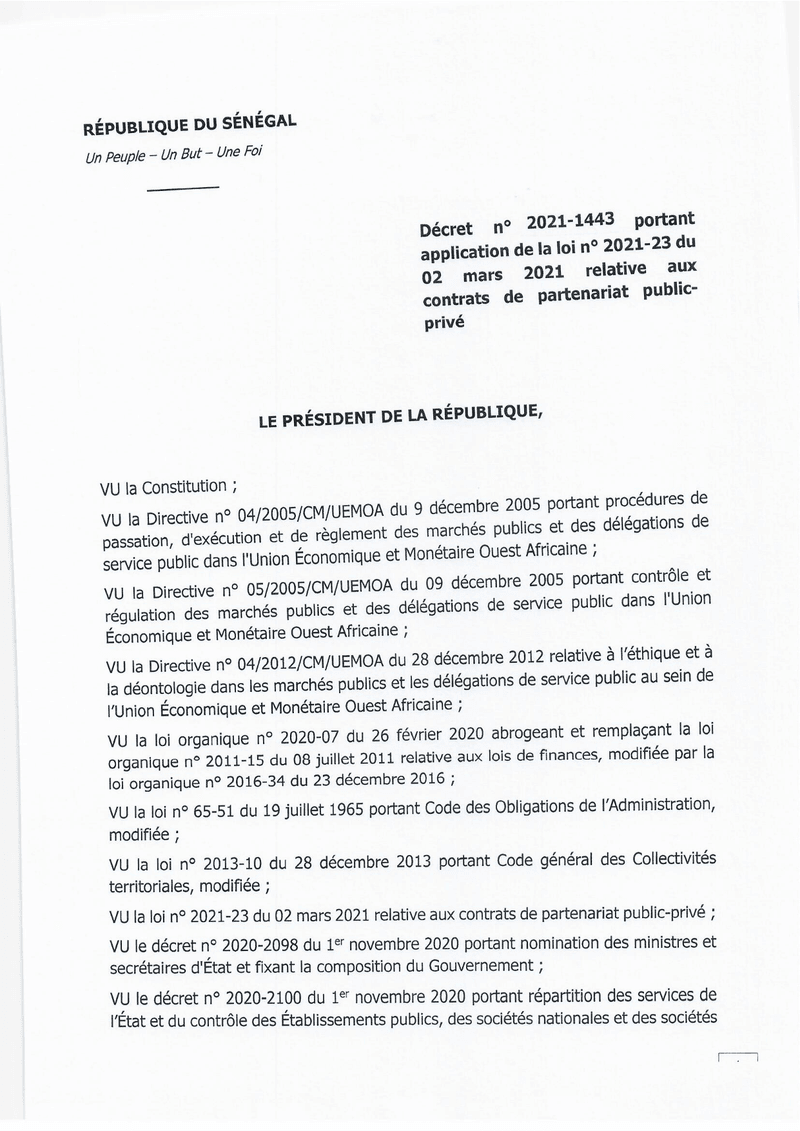 Décret n° 2021-1443 portant application de la loi n° 2021-23 relative aux contrats de partenariat public-privé au Sénégal – Présidence de la République