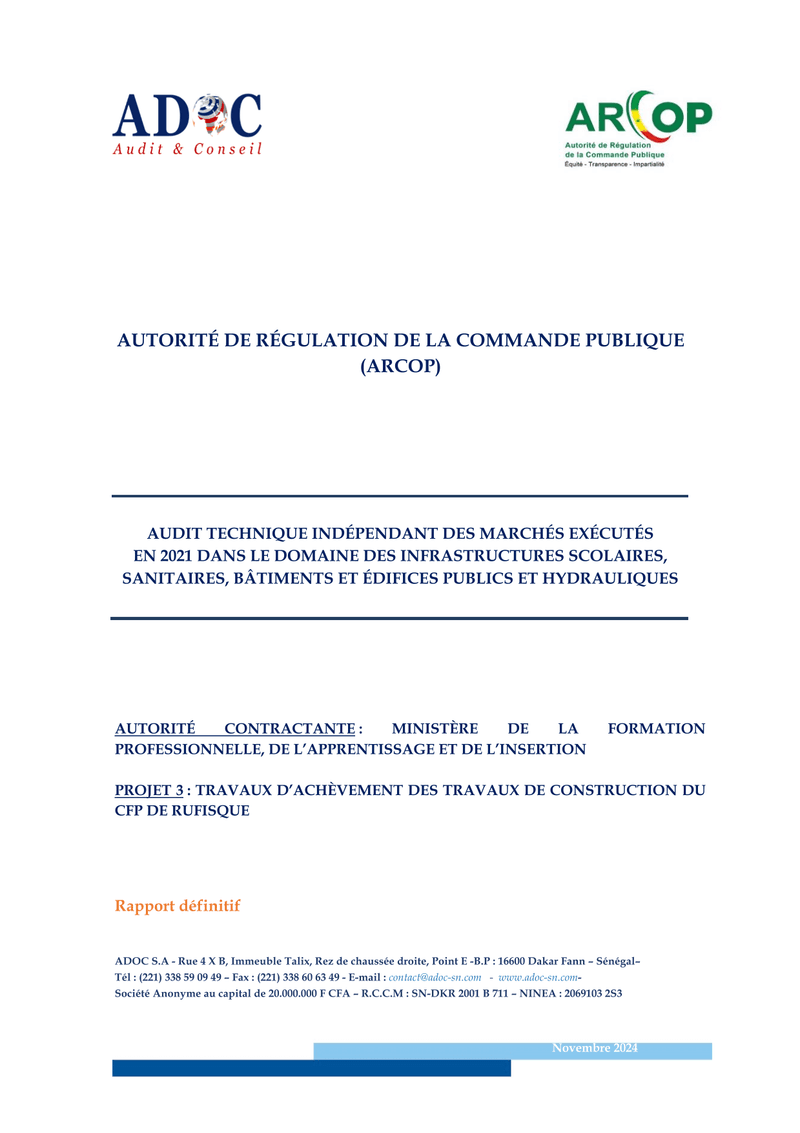 Audit technique des travaux d’achèvement du Centre de Formation Professionnelle de Rufisque – ARCOP