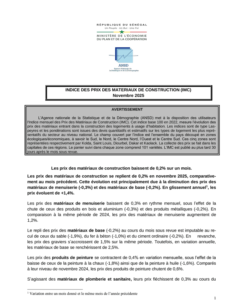 Indice des prix des matériaux de construction (IMC) du Sénégal, novembre 2025 – ANSD