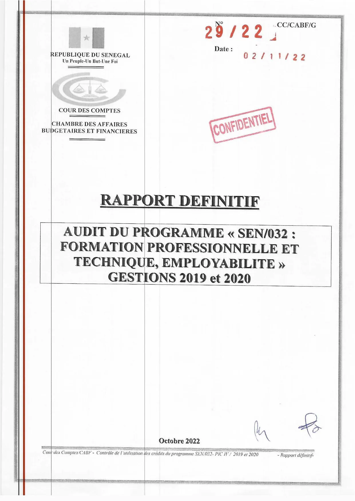 Cour des comptes Rapport SEN/032 formation pro et employabilité (2019-2020)