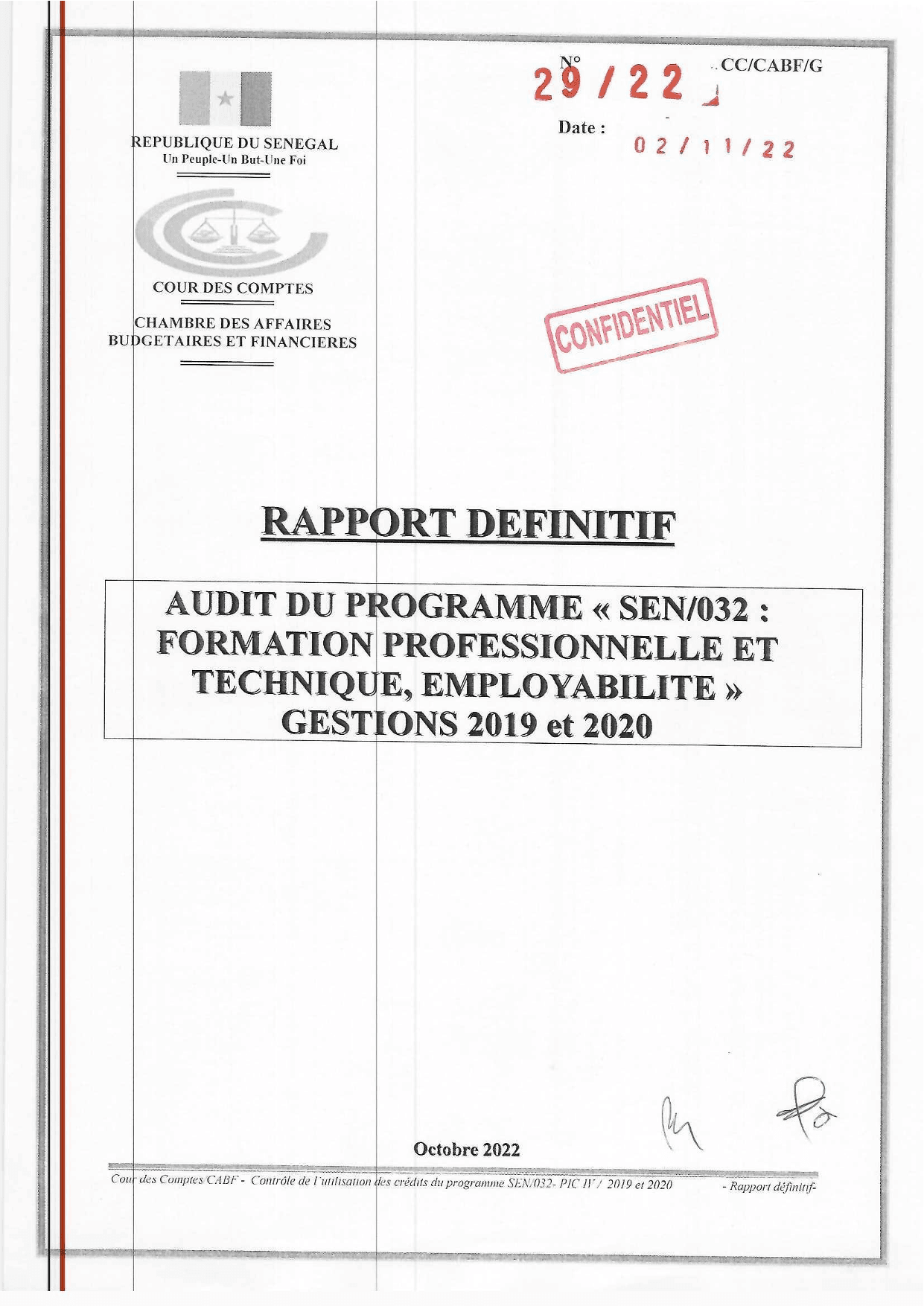 Cour des comptes Rapport SEN/032 formation pro et employabilité (2019-2020)
