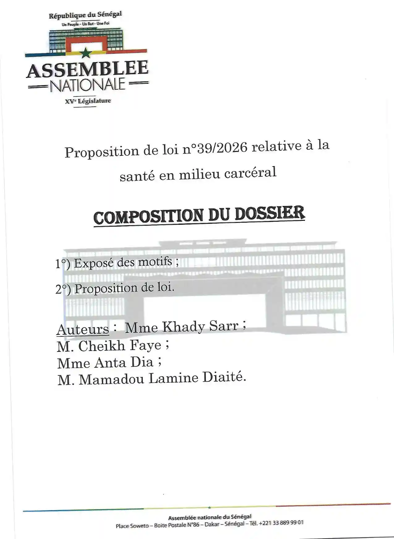 Proposition de loi n°39/2026 - Santé en milieu carcéral - Assemblée nationale du Sénégal