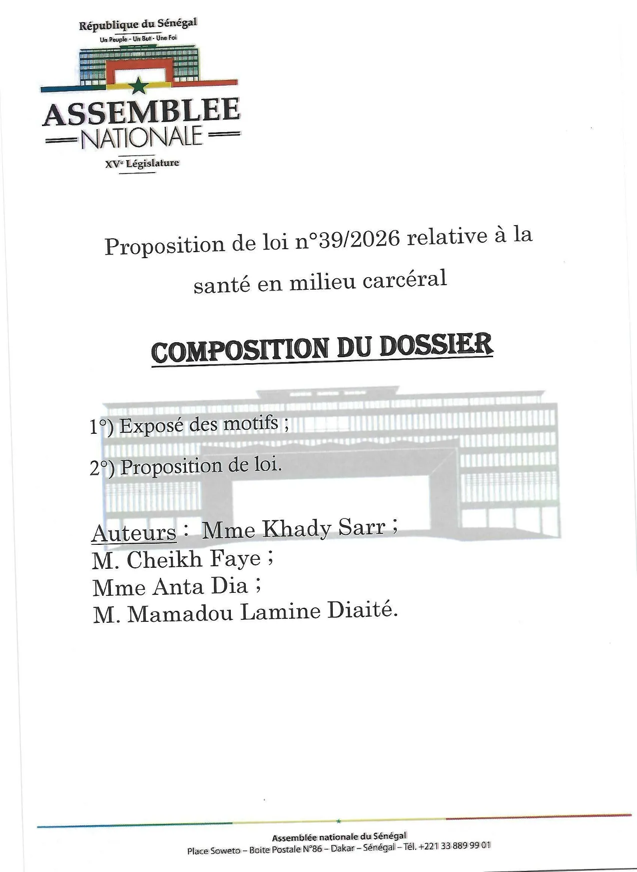 Proposition de loi n°39/2026 - Santé en milieu carcéral - Assemblée nationale du Sénégal