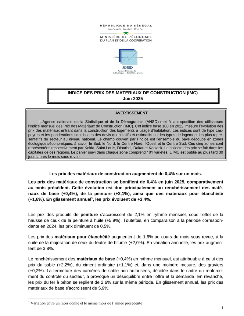Indice des prix des matériaux de construction (IMC) de juin 2025 – ANSD
