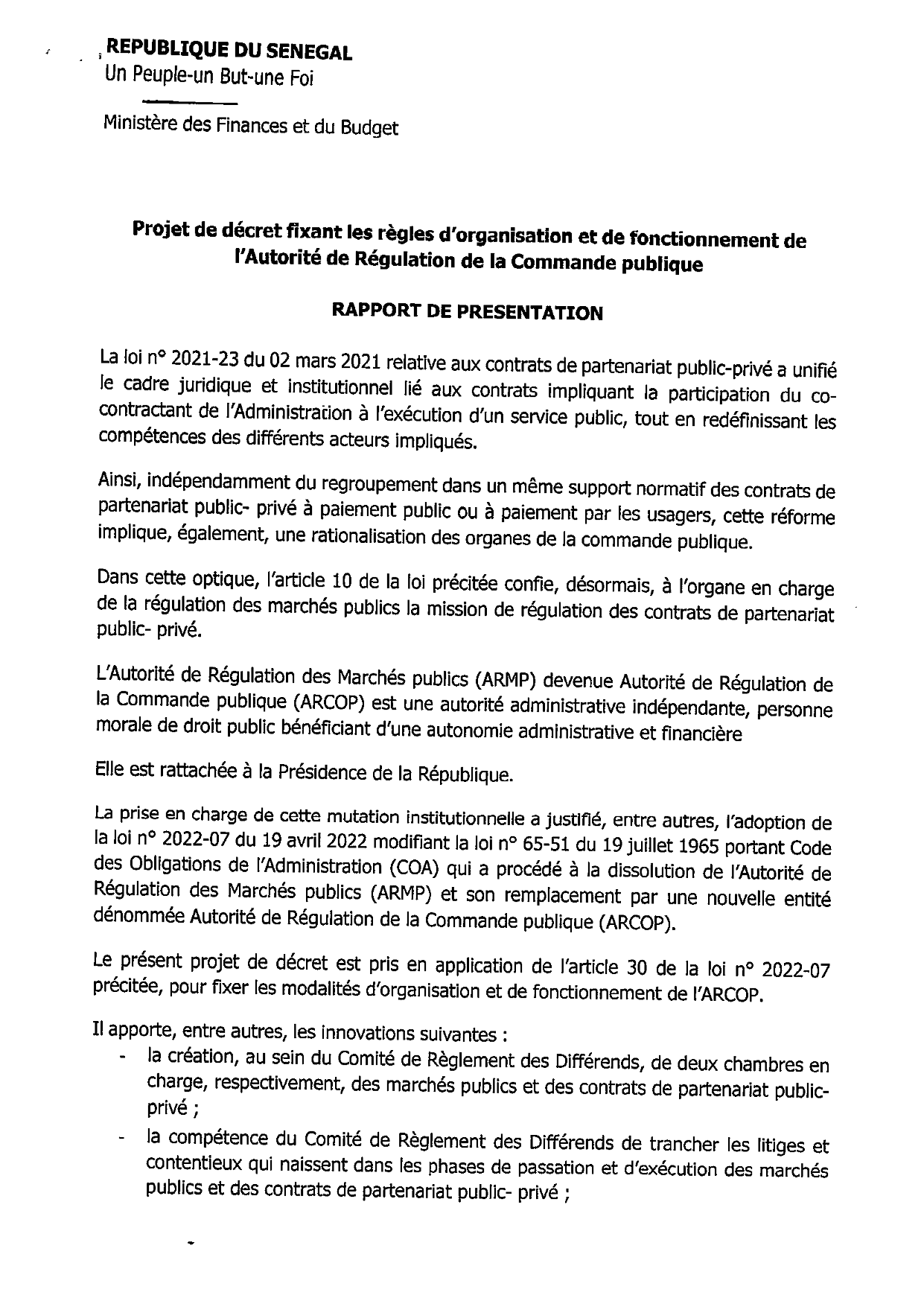 Décret n° 2023-832 fixant les règles d’organisation et de fonctionnement de l’Autorité de Régulation de la Commande publique (ARCOP) – Sénégal