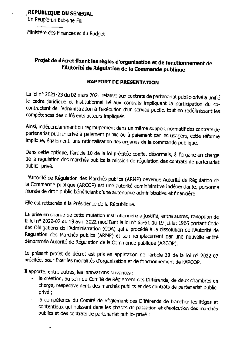 Décret n° 2023-832 fixant les règles d’organisation et de fonctionnement de l’Autorité de Régulation de la Commande publique (ARCOP) – Sénégal