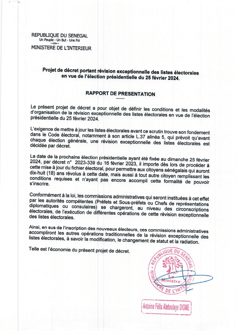 Décret n° 2023-464 portant révision exceptionnelle des listes électorales en vue de l’élection présidentielle du 25 février 2024 – Président de la République du Sénégal