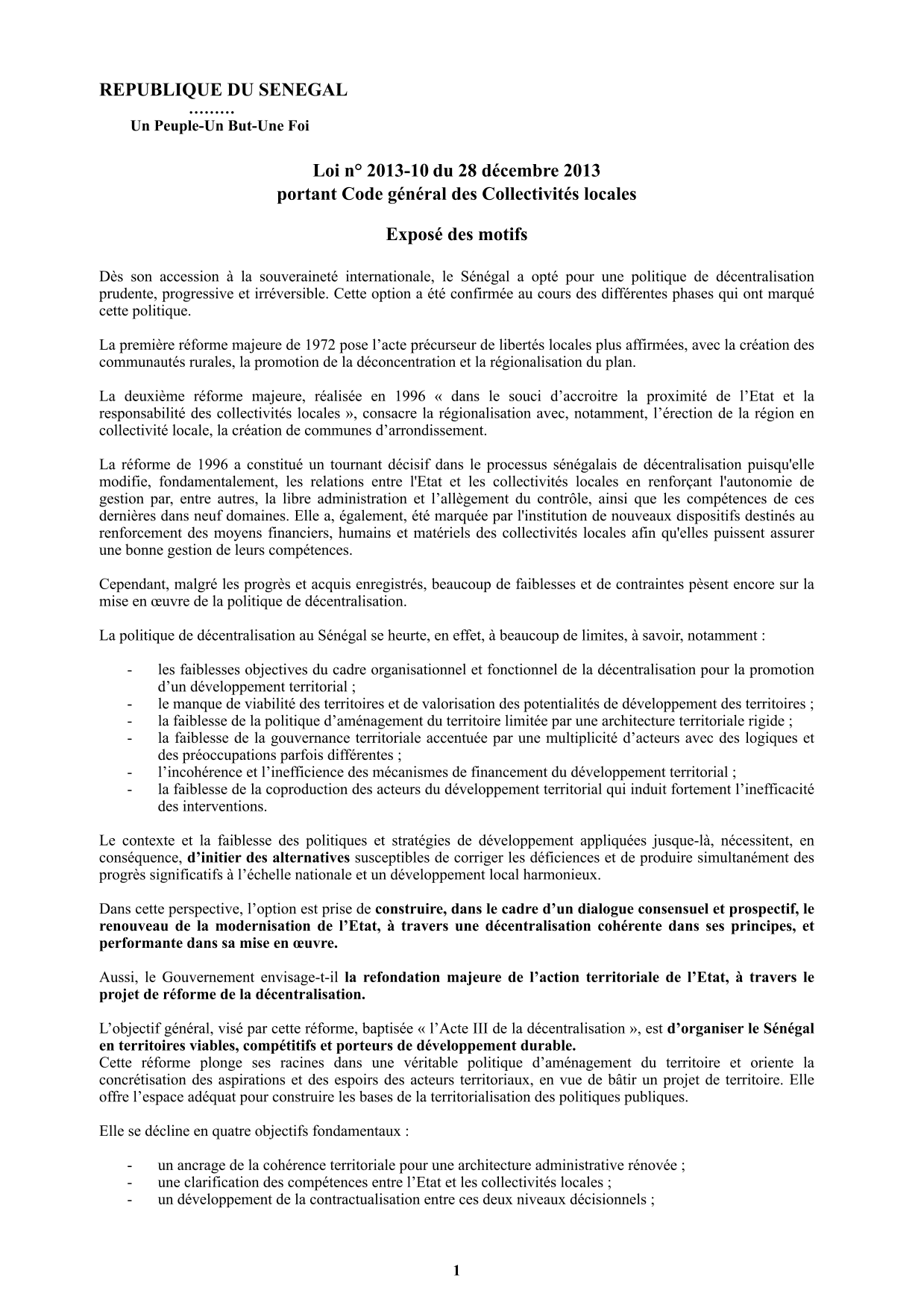 Code général des Collectivités locales - Loi n° 2013-10 du 28 décembre 2013