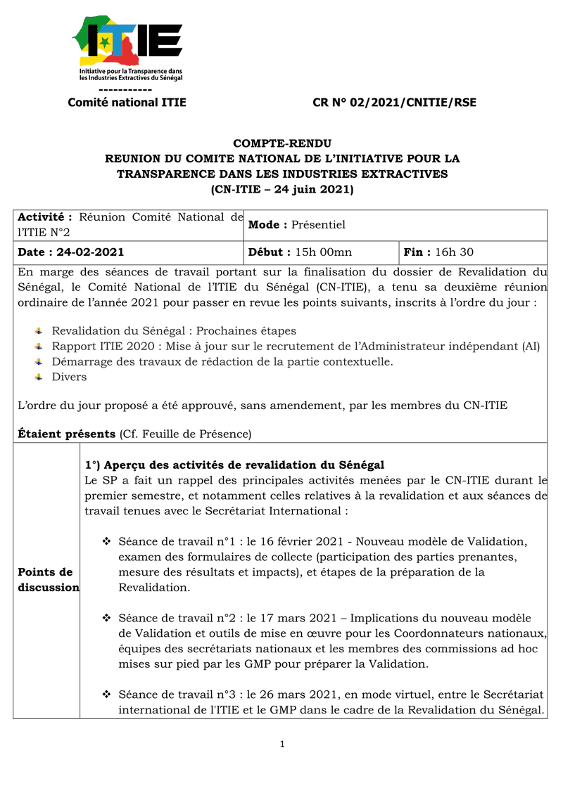 Compte rendu de la réunion n°2 du 24 juin 2021 sur la revalidation du Sénégal et le Rapport ITIE 2020 – Comité national de l’Initiative pour la transparence dans les industries extractives (ITIE) Sénégal