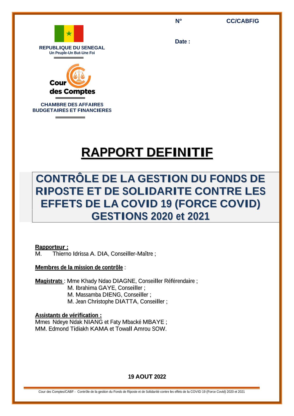 Cour des comptes Rapport du contrôle des fonds FORCE COVID-19