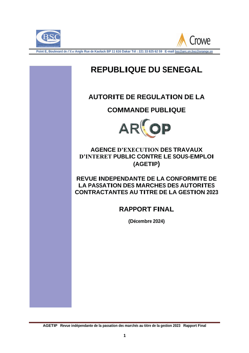 Rapport final de revue indépendante de la passation des marchés de l’AGETIP au Sénégal pour la gestion 2023 – ARCOP