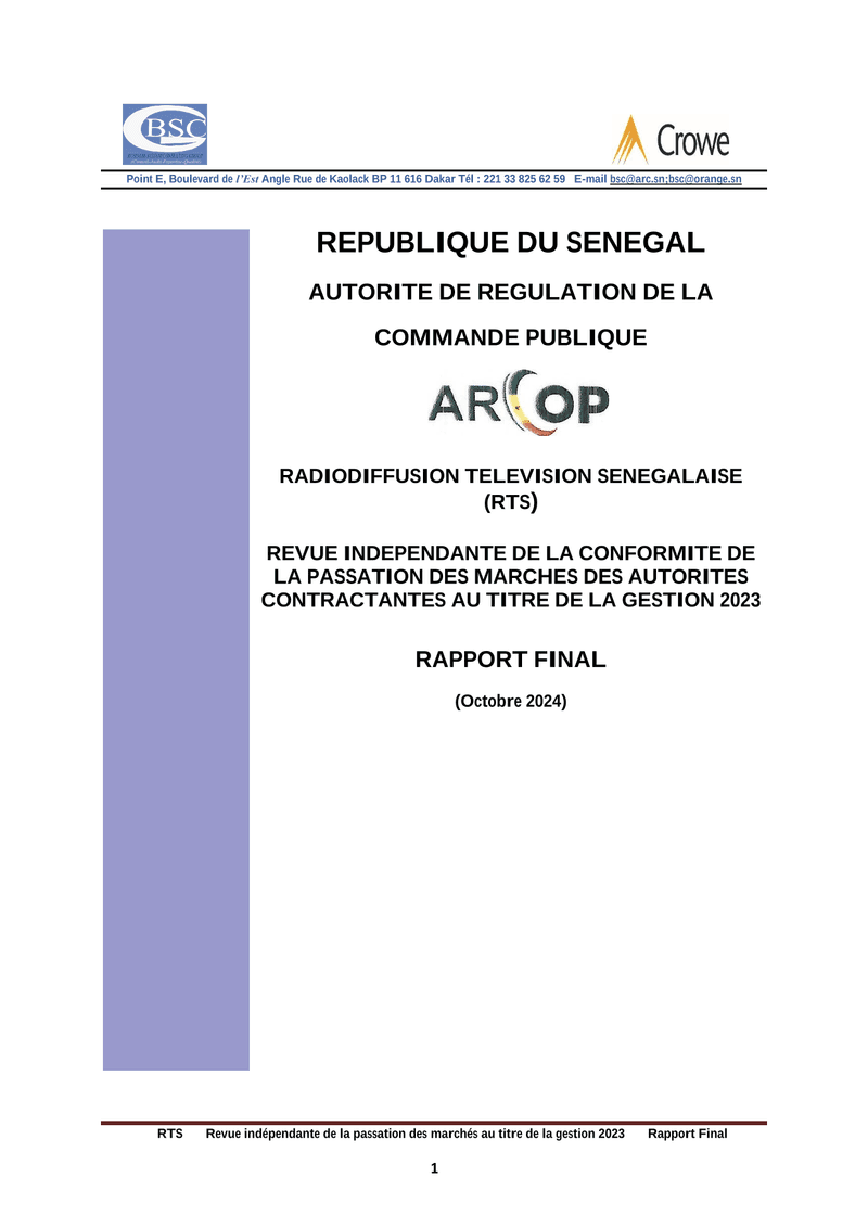 Rapport final d’audit de conformité des marchés publics de la Radiodiffusion Télévision Sénégalaise (RTS) sur la gestion 2023 – ARCOP