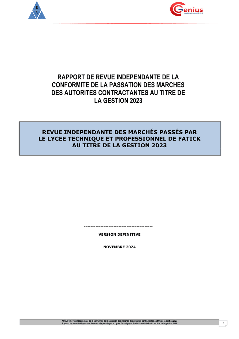 Rapport d’audit de conformité du 26 novembre 2024 sur les marchés publics 2023 du Lycée Technique et Professionnel de Fatick – ARCOP