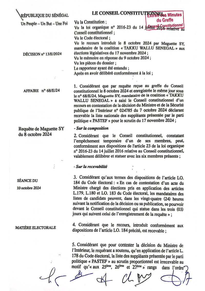 Décision n° 13/E/2024 du 10 octobre 2024 rejetant le recours de Maguette SY sur la recevabilité de la liste nationale des suppléants de PASTEF – Conseil constitutionnel du Sénégal