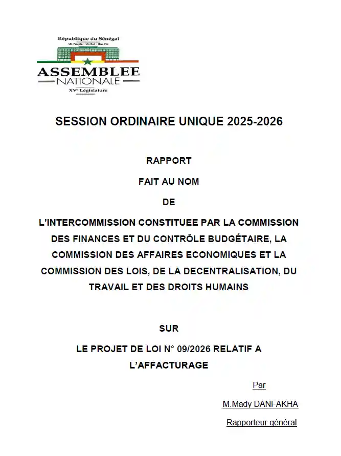Rapport projet de loi n°09/2026 relatif à l'affacturage – Intercommission Assemblée nationale du Sénégal