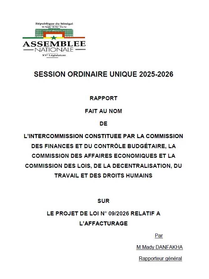 Rapport projet de loi n°09/2026 relatif à l'affacturage – Intercommission Assemblée nationale du Sénégal